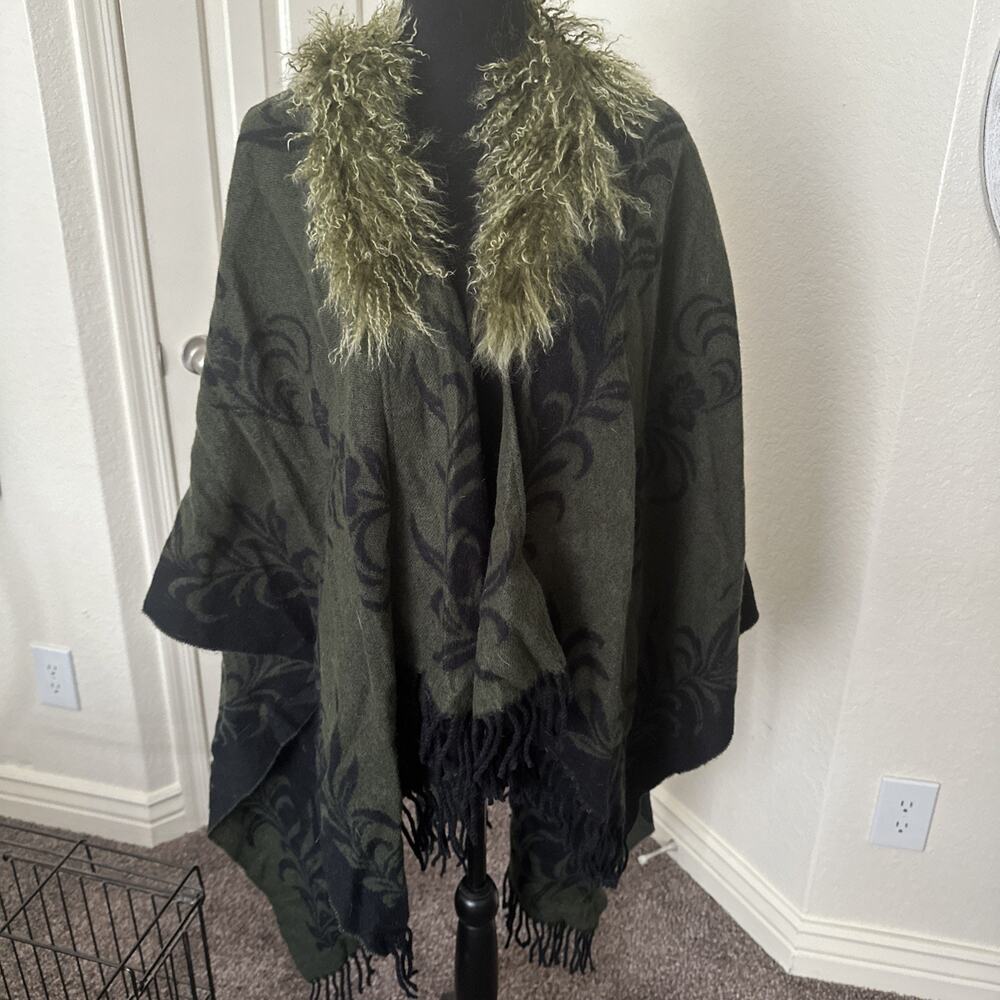 Gothic Green Navy Mongolian Lamb Fur Collar Cape Wrap One Size